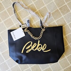 Bebe Black Tote Bag with Gold Accents